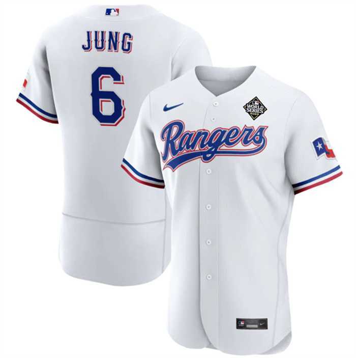 Men%27s Texas Rangers #6 Josh Jung White 2023 World Series Flex Base Stitched Baseball Jersey Dzhi